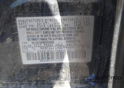 2019 Nissan Sentra Sv z USA, uszkodzony, nr VIN 3N1AB7AP4KY454492